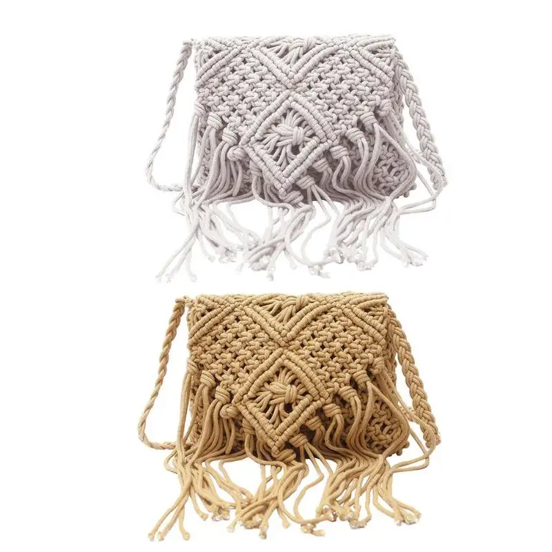 

Women Cotton Rope Woven Tassel Handbag Zipper Hollow Shoulder Crossbody Bag