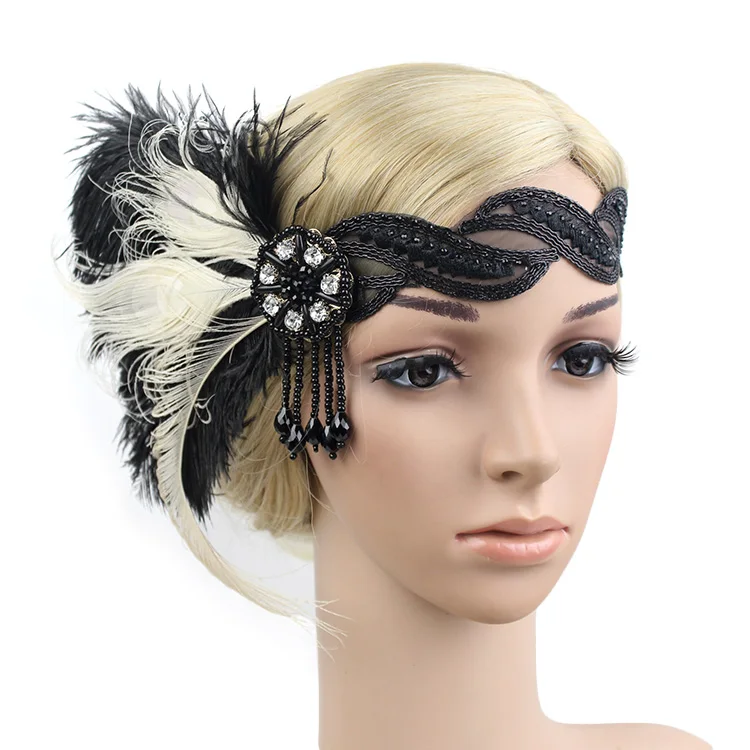 1920s Flapper Headpiece Roaring 20s Great Gatsby Headband Black Feather