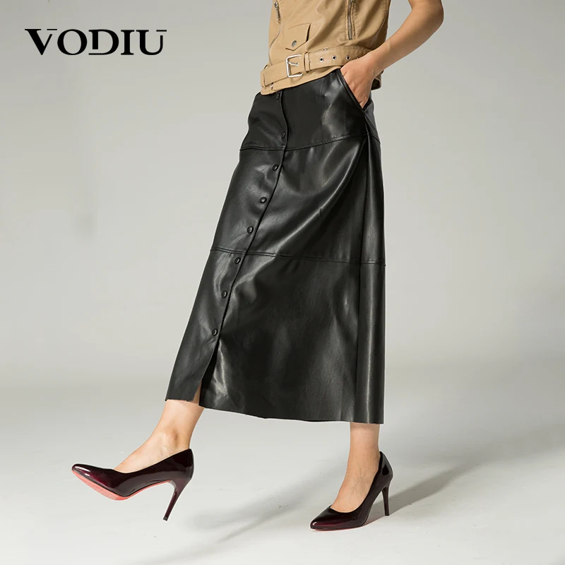 

Vodiu Long Maxi Skirt Leather Skirt Black Skirts Womens High Quality Ankle- length European Style Vintage Button Pocket black