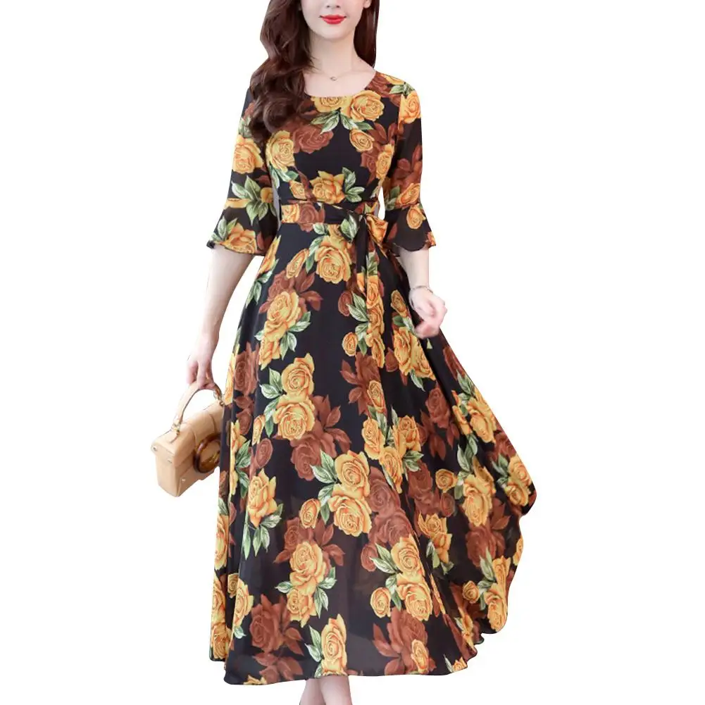 

Yiwa Women Sundress All-match Printing Pagoda Elbow Sleeve A-line Long Beach Dress Wear Resistant Short Sleeve Party Dress