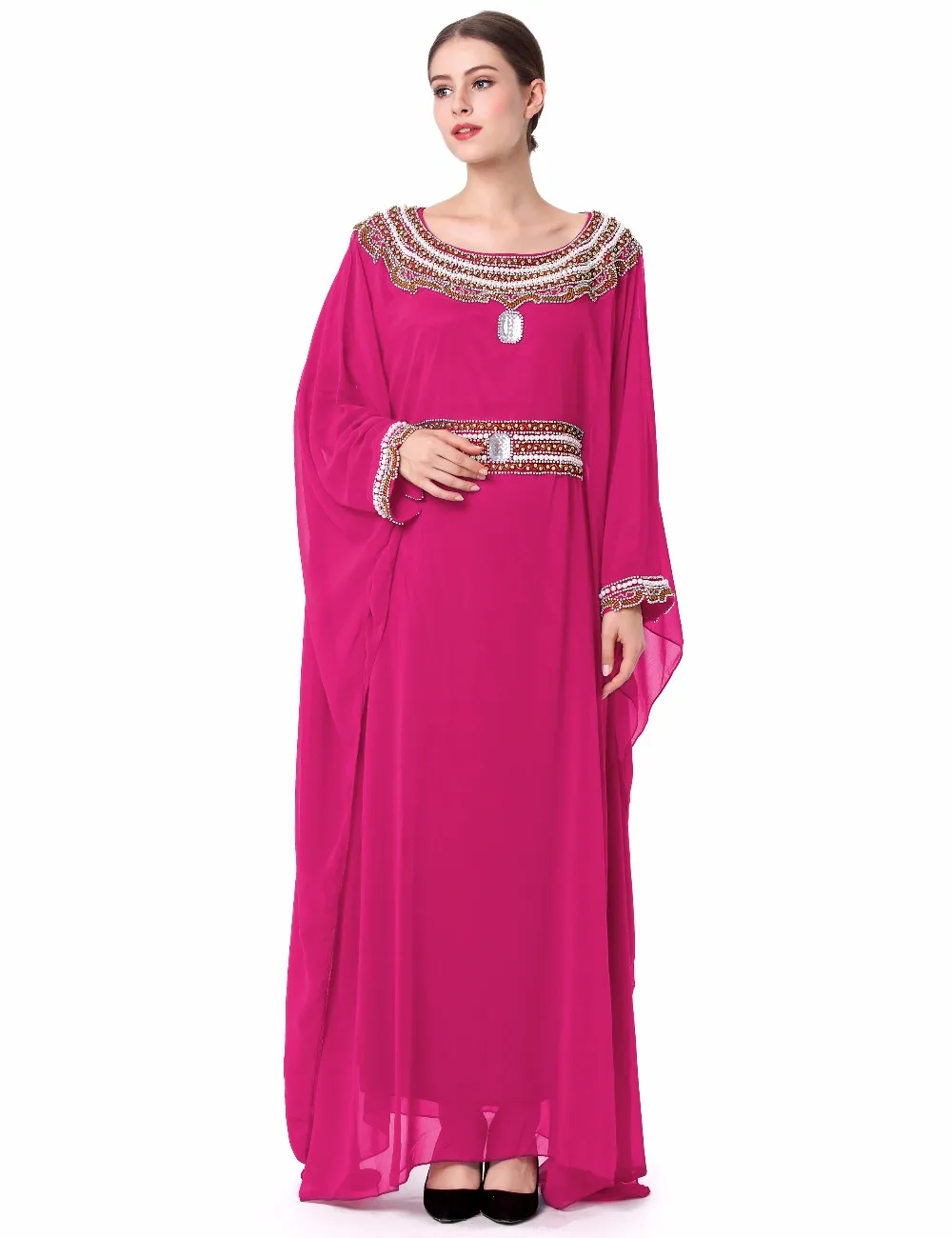 Женское мусульманское арабское платье с вышивкой и длинным рукавом, турецкий халат, Дубай, марокканский кафтан, мусульманская абайя, мусульманская одежда jalabiya D224 - Цвет: Rose
