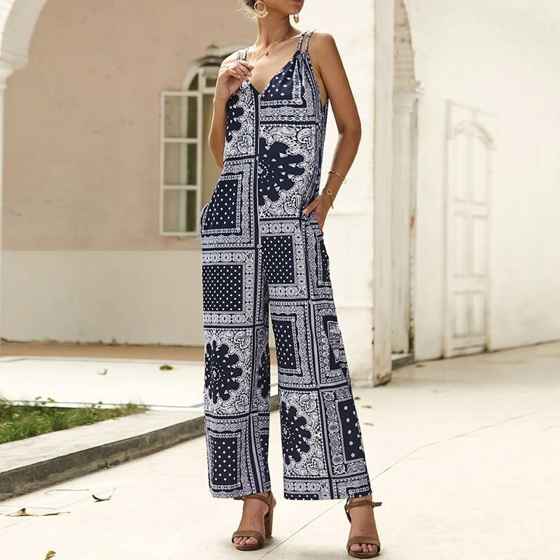 Hot Summer Women Boho Strappy Wide Leg Long Pants Jumpsuit Beach Holiday V Neck Sleeveless Casual Loose Vintage Printed Jumpsuit Hot Summer Women Boho Strappy Wide Leg Long Pants Jumpsuit Beach Holiday V Neck Sleeveless Casual Loose Vintage Printed Jumpsuit