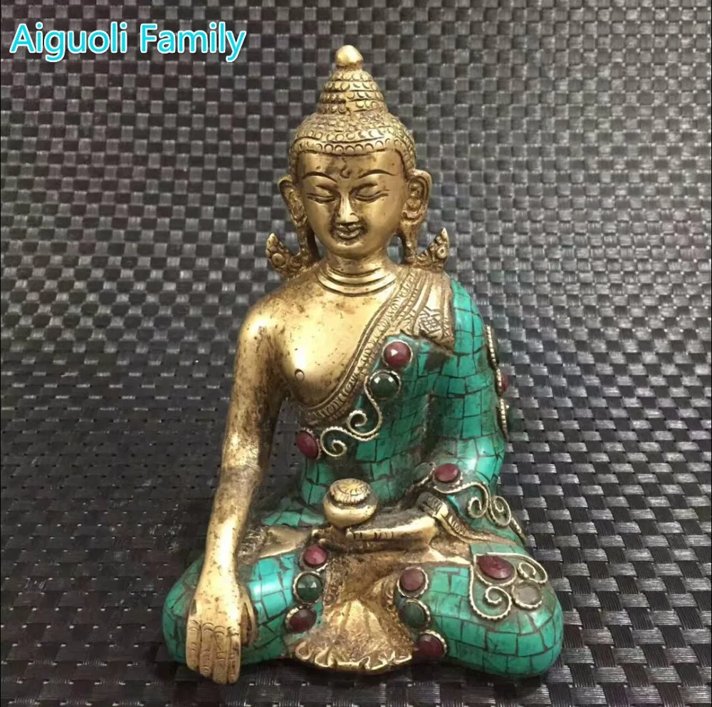 

Collection original Tibetan gilt turquoise Copper Buddha statue/Tibet Handwork Inlaid gemstones old Sakyamuni sculpture