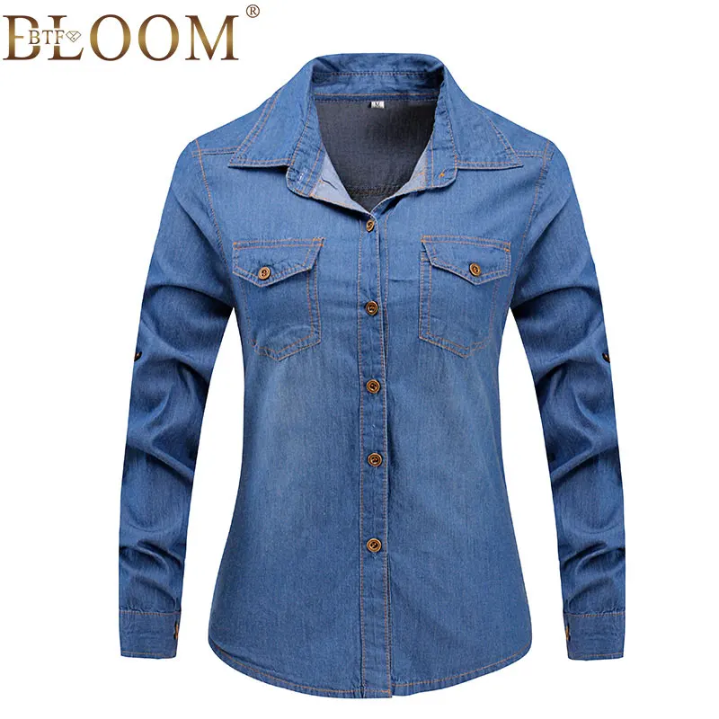 2017 New Denim Shirt Women Long Sleeve Turn Down Collar font b Blouse b font Snowflake