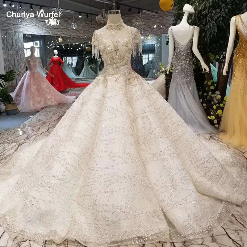

LSS193 luxury new wedding dresses open back high neck beaded cap sleeve ball gown hot wedding gown with long train free shipping