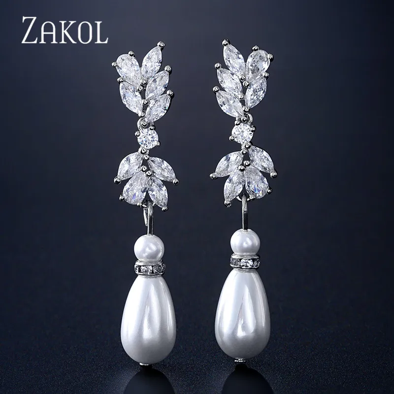 

ZAKOL Fashion White Color Flower Shape Zirconia Pearl Water Drop Crystal Dangle Earrings For Bridal Wedding Jewelry FSEP2340