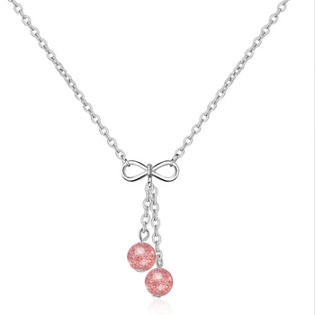 

100% 925 Sterling Silver Bowknot Strawberry Quartz Ladies Pendant Necklaces Jewelry Wholesale Women Short Chains Gift No Fade