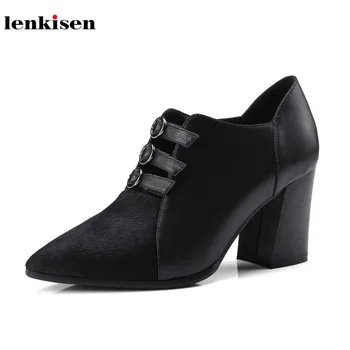 

Lenkisen genuine leather high heels streetwear buckle strap fashion women pumps vintage style buckle decoration mature shoes L14