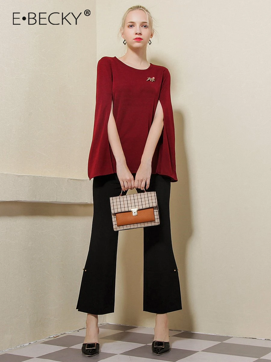 E.BECKY Black and Red Wine Women's Pullover Spring Summer Office Lady Thin Sweater Women O-Neck Split Flare Sleeve Sweaters 2019 E.BECKY Black and Red Wine Women's Pullover Spring Summer Office Lady Thin Sweater Women O-Neck Split Flare Sleeve Sweaters 2019
