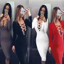 Vestidos Cotton Women Tie Up Autumn Bodycon Party font b Dress b font Sexy Deep V