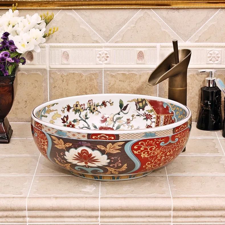 Antique flower and bird Handmade Europe Style Lavobo Ceramic Bathroom Luxurious Artistic Bathroom Sink Countertop bathroom wash basin (3)