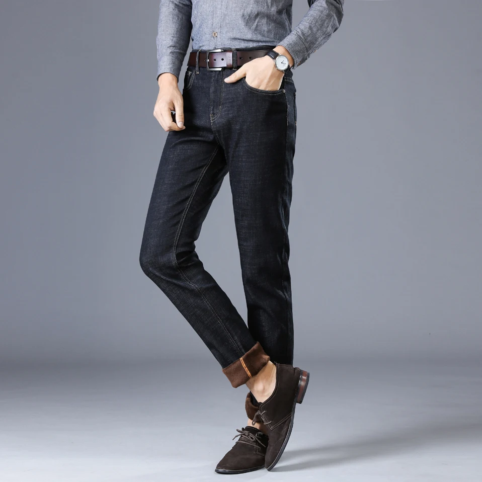 NIGRITY зима Термальность теплые Для мужчин флис Повседневное Прямые джинсы стрейч плотные джинсовые мягкие фланелевые брюки классические
