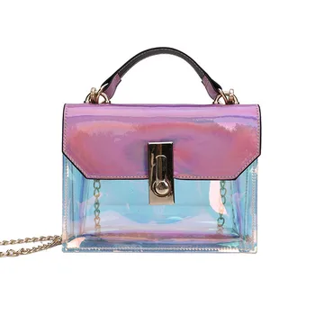 

7PCS / LOT Laser Messenger Bags Candy Women Jelly Transparent Handbag Plastic Shoulder Bags Hasp Lock Chains Handbags