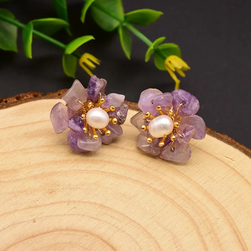 GLSEEVO Natural Jade Pearl Stud Earrings For Women Mom Birthday Day Gift 925 Sterling Silver Flower Earring Fine Jewelry GE0780 - Цвет камня: Purple