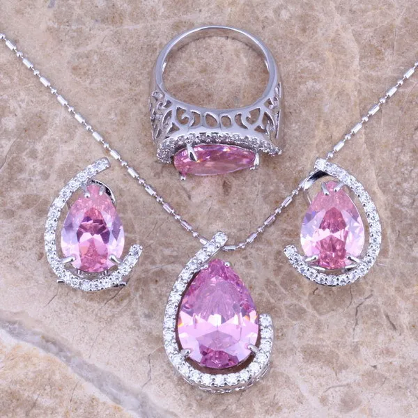 

Pink White CZ Silver Jewelry Sets Earrings Necklace Pendant Ring For Women Size 6 / 7 / 8 / 9 / 10 S0003