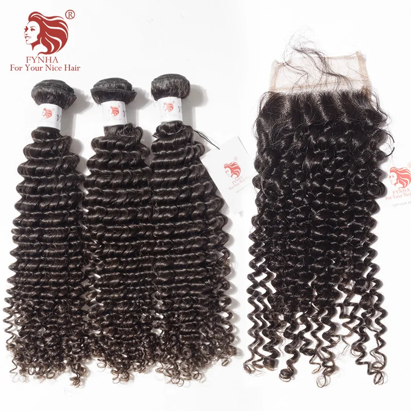 [FYNHA] Brazilian Kinky Curly Virgin Hair Weave 3 Bundles With Lace Closure Human Hair Extensions