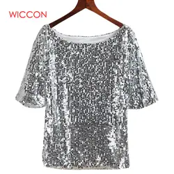 Новая пикантная модная Осенняя женская рубашка с блестками, с коротким рукавом, для вечеринки, лето, с круглым вырезом, Коктейльная женская