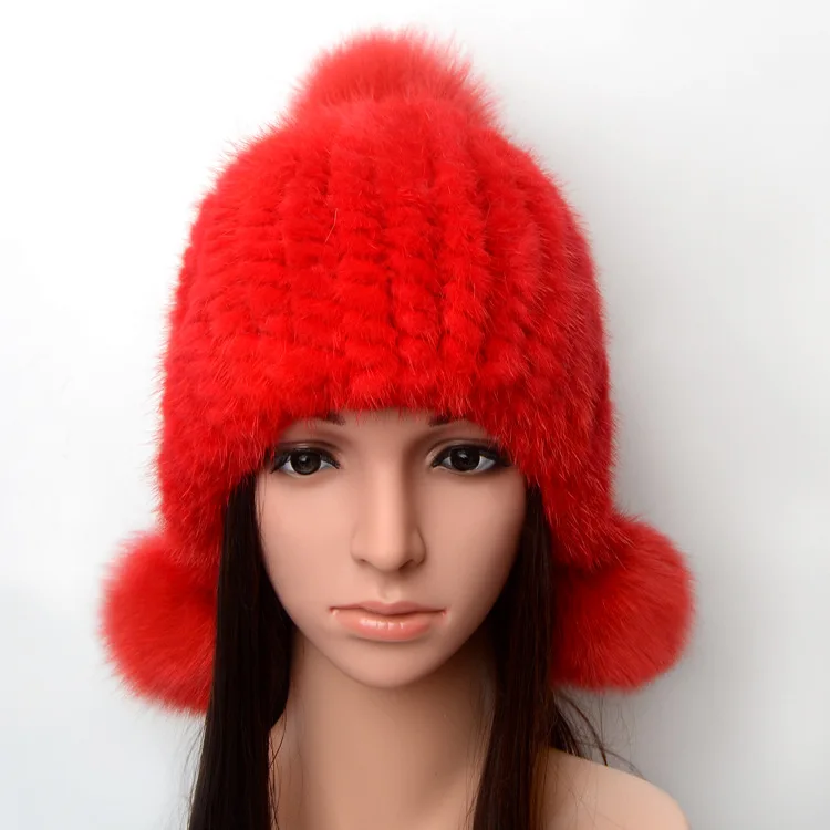 Новинка 845, Модная вязаная шапка из меха норки, женские меховые шапки, теплая меховая шапка с ушками, женская шапка-бомбер - Цвет: red