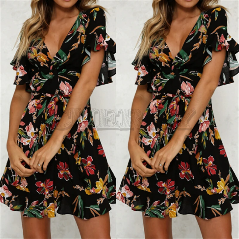 Image Summer Dress 2019 Women Sexy Deep V Neck Black Flower Print Dresses Hem FoCUERLYs Bohemian Style Belt Mini Ruffle Beach Dress