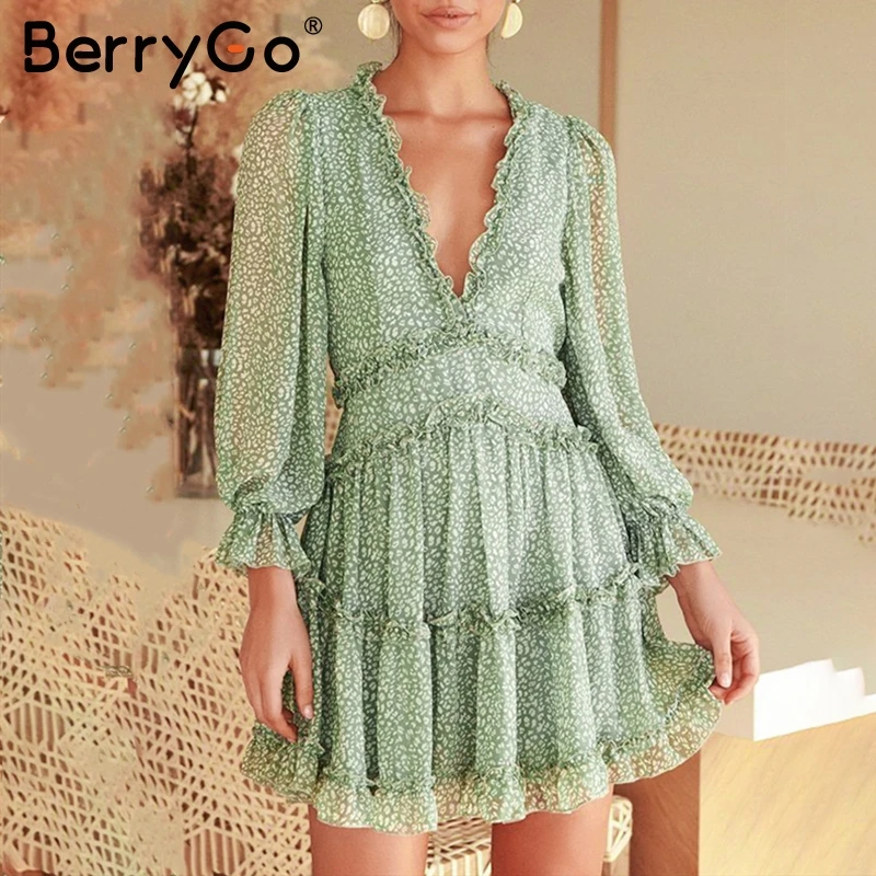 BerryGo Boho цветочный принт женское платье сексуальное v образный вырез открытая