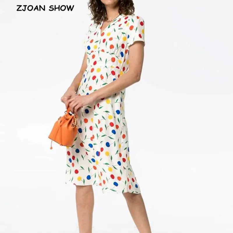 

2019 Retro Lapel Colored Cherry White Dress Slim fit Waist French Women Short sleeve Mid long Tea Dresses Femme Vestidos