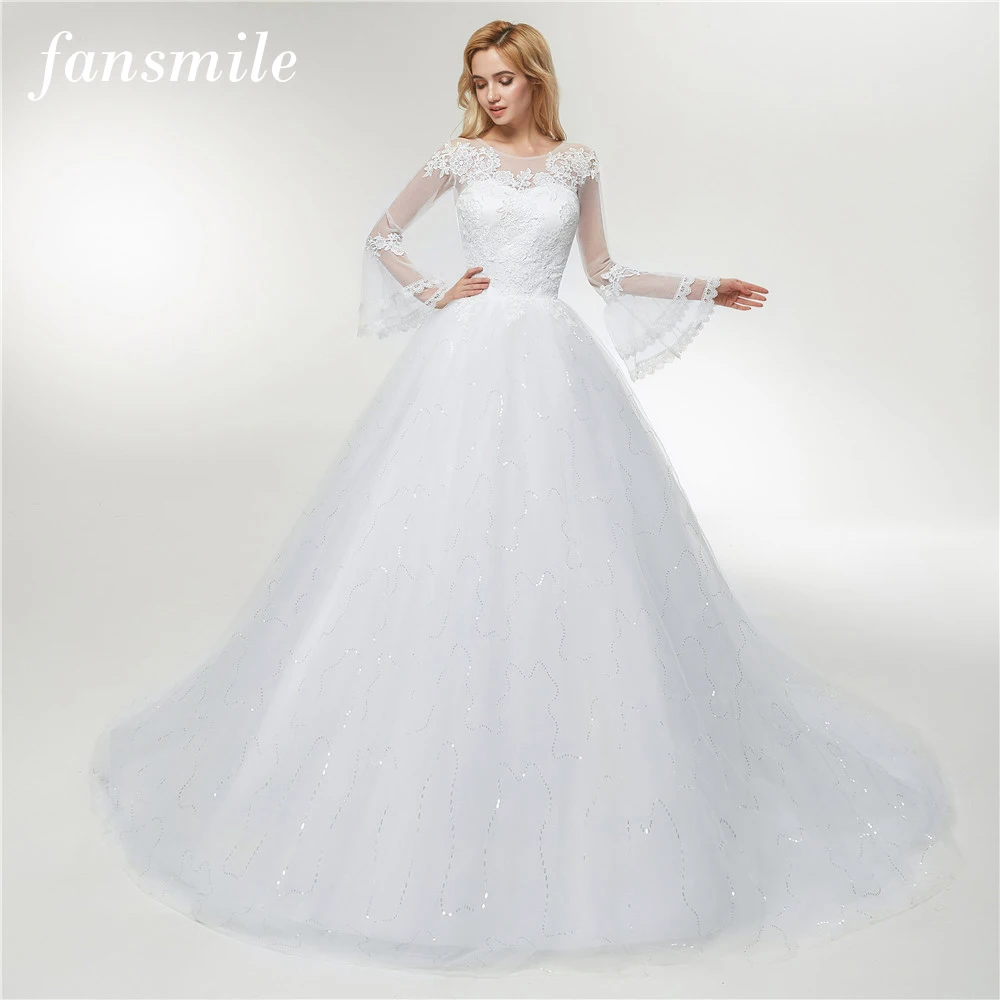 

Fansmile Applique Vintage Lace Gowns Wedding Dress Plus Size 2019 Long Train Custom-made Bridal Wedding Dress Turkey FSM-429T
