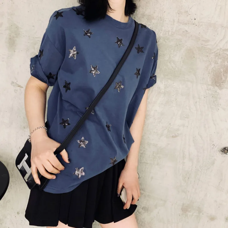 

[LANMREM] 2019 summer new Solid color O-Neck Sequined short sleeve loose high quality tops girl clothing trend female T-shirt