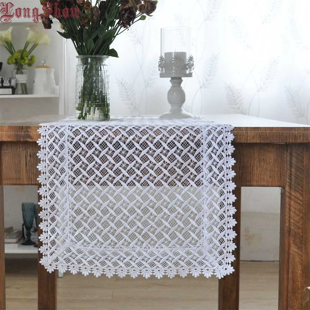 

Bleaching White Elegant Table Runner Home Hotel Banquet Embroidered RHOMBUS Design