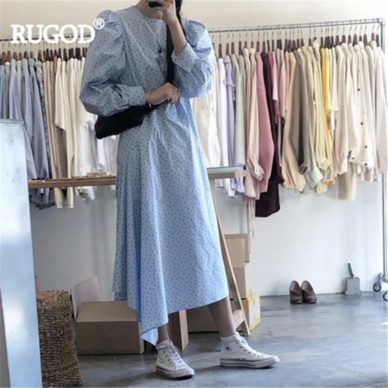RUGOD 2019 Новое весеннее платье в горошек с пышными рукавами и круглым вырезом
