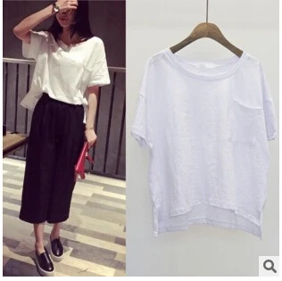 L3990 2015 Summer Women T-Shirts Fashion Loose Slub Cotton T-Shirt tops blouses Women's Comfy Short Sleeve Tee irregelar lady | Женская