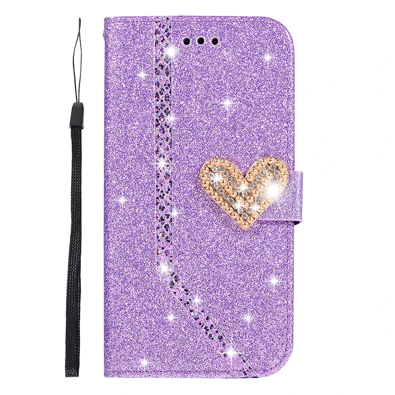 Блестящая 3D Алмазная вышивка с принтом «сердце» чехол для iPhone XS Max XR X 10 6 6s Plus Флип кожаный бумажник чехол для телефона iPhone 7 8 Plus - Цвет: Purple