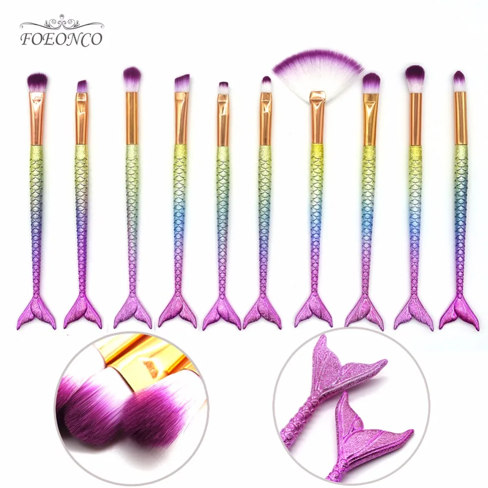 

Professional 10 PCS Mermaid Makeup Brushes Set Foundation Blending Powder Eyeshadow Contour Concealer Blush Cosmetic Makeup Tool