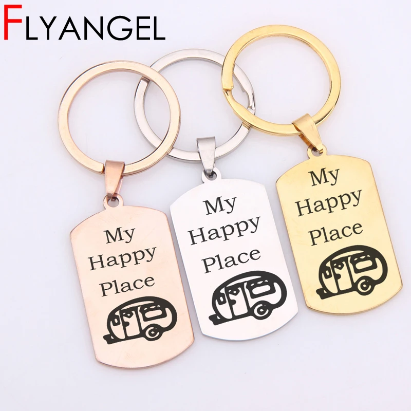 

Chic Mirror Style Key Chains Engraved My Happy Place Keyring Gift To Camper Lover Keys Holder Bag Charm Beautiful Jewelry Keytag