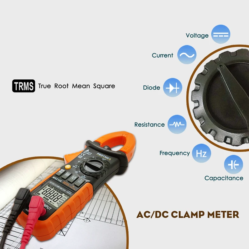 6000 отсчетов T-RMS AC/DC токовые клещи MS2108 пусковой Амперметр Вольтметр конденсатор с алюминиевой крышкой, Омметр Тестер LCD подсветка мультиметр