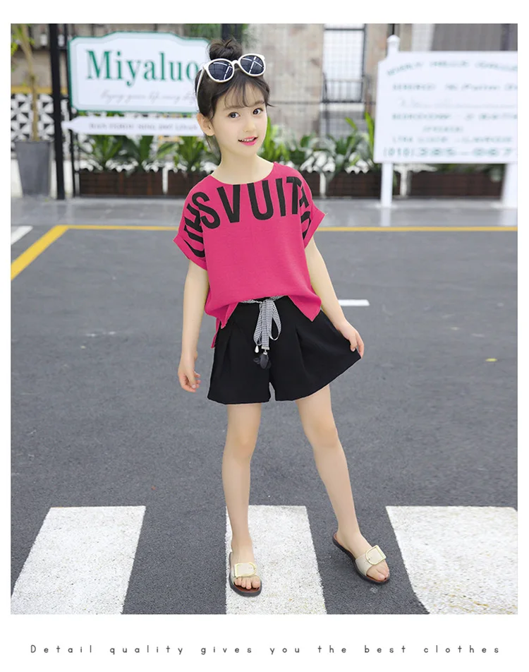 Summer Children Clothing Sets For Girls 2019 Fashion Letter Print Tshirts Tops Shorts Teenage Clothes 2Pcs Kids Suit 10 12 Years (25)