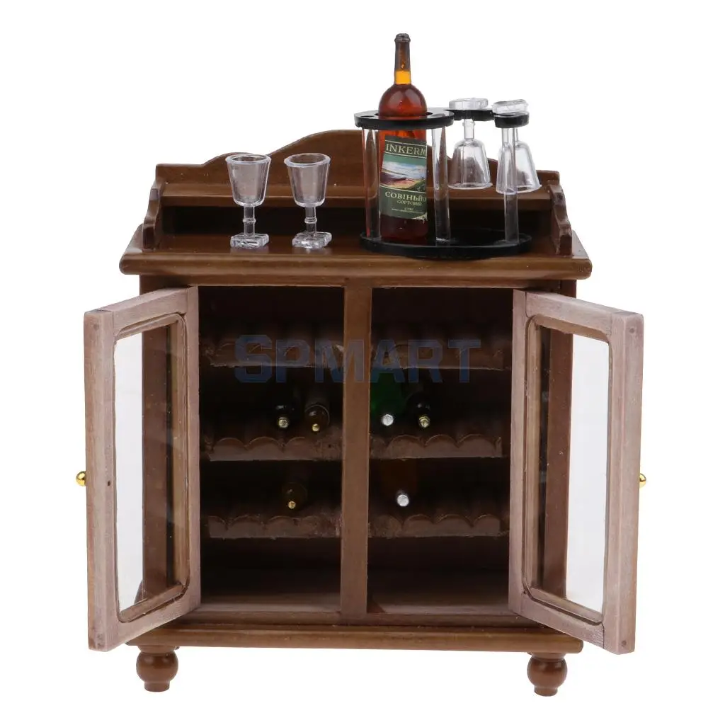 Vintage 1/12 Dollhouse Miniature Furniture Wine Cabinet with Bottles Wine Glass Model Collectibles