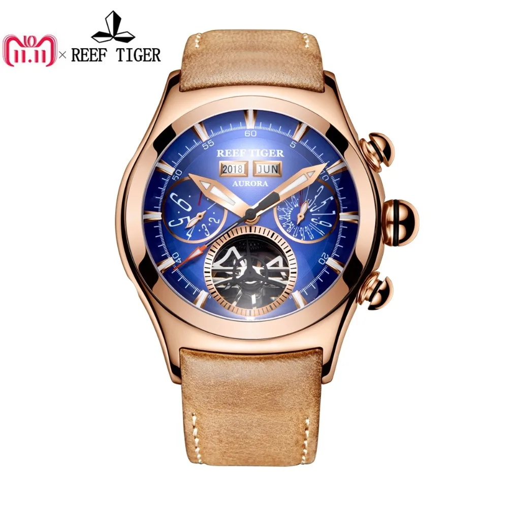 Reef Tiger/RT Luxury Mens Watches Rose Gold Automatic Watches Tourbillon Brown Leather Strap Blue Dial Watches RGA7503 Reef Tiger/RT Luxury Mens Watches Rose Gold Automatic Watches Tourbillon Brown Leather Strap Blue Dial Watches RGA7503
