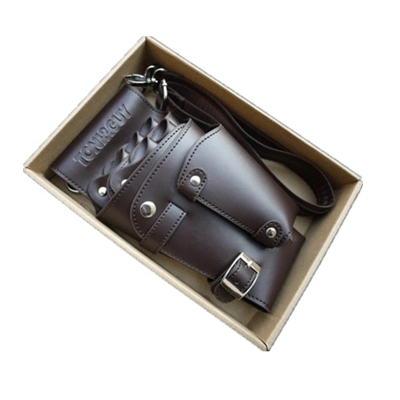 

PU Leather Rivet Hair Scissor Bag Clips Bag Hairdressing Barber Scissor Holster Pouch Holder Case with Waist Shoulder Belt Brown