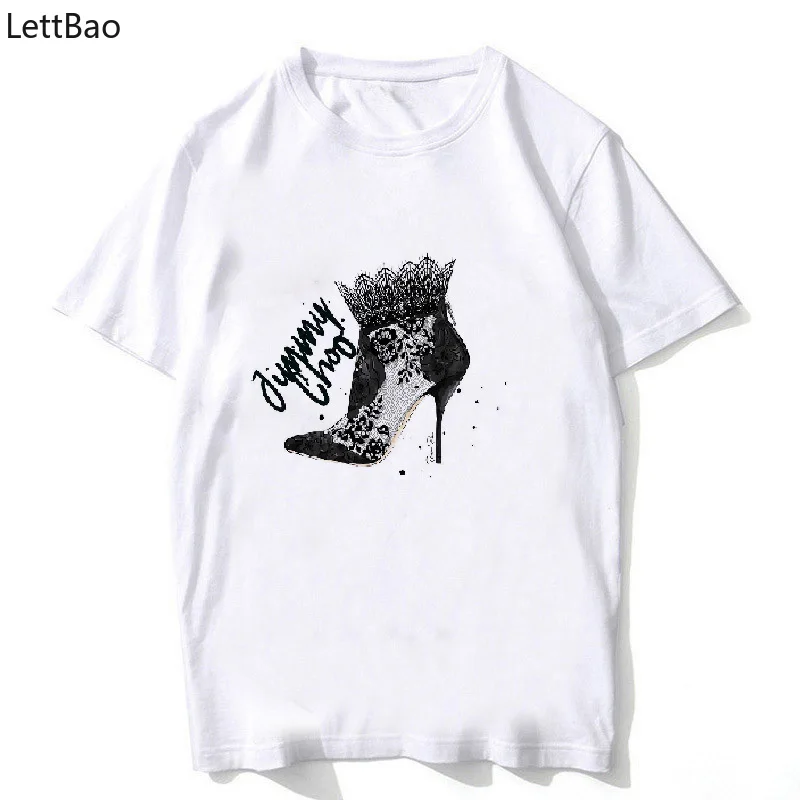 

Women t-shirt Personality High Heel Cartoon Print Round Neck Short Sleeve vogue T shirt femme 90s streetwear style karl t-shirt