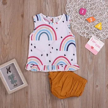 

2019 Summer Children Clothes Rainbow Printed Tops + Yellow Short Pants 2PC Outfits for kids 6-24M