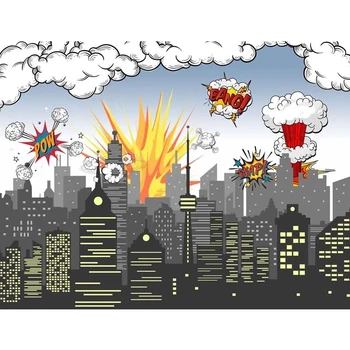 

Super Hero Themed Birthday Party Photo Booth Backdrop Printed Pow Bang City Buildings Baby Kids Cartoon Photography Background
