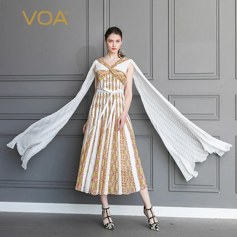 VOA Silk Party Dress Women Maxi Long Dresses Cloak High Waist