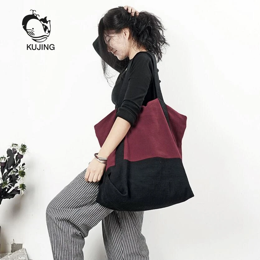 

KUJING Women's Handbags Fashion Contrast Color Literary Women Shoulder Bag Quality Cotton Women Canvas Bag Hot Casual Women Bag