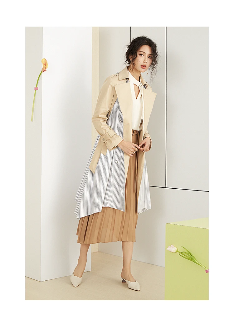 LANMREM, новинка, Полосатое лоскутное длинное пальто для женщин, Весенняя мода, длинный рукав, Irregualr, ветровка с ремнями, дизайн WD831