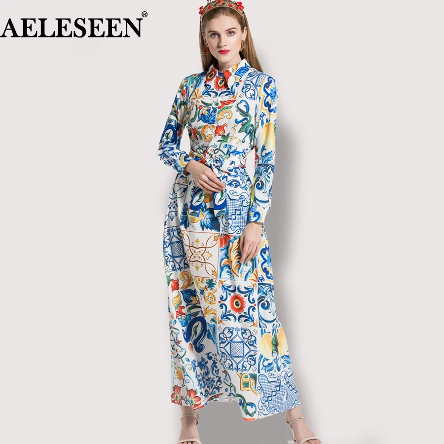 

New Porcelain Luxury Palace Print Long A-Line Dresses 2018 XXL Summer Fashion Long Sleeve Vintage Women Runway Shirt Dress