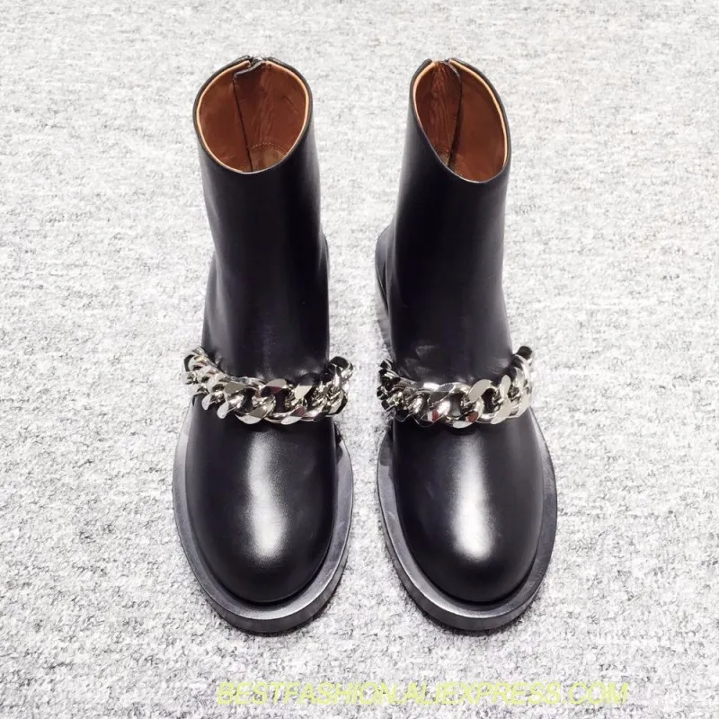 

Fashion Luxury Martin Boots Women's Gold Silver Metal Chain Black Joker Leather Ankle Boots Back Zipper and Ankle Boots Women's