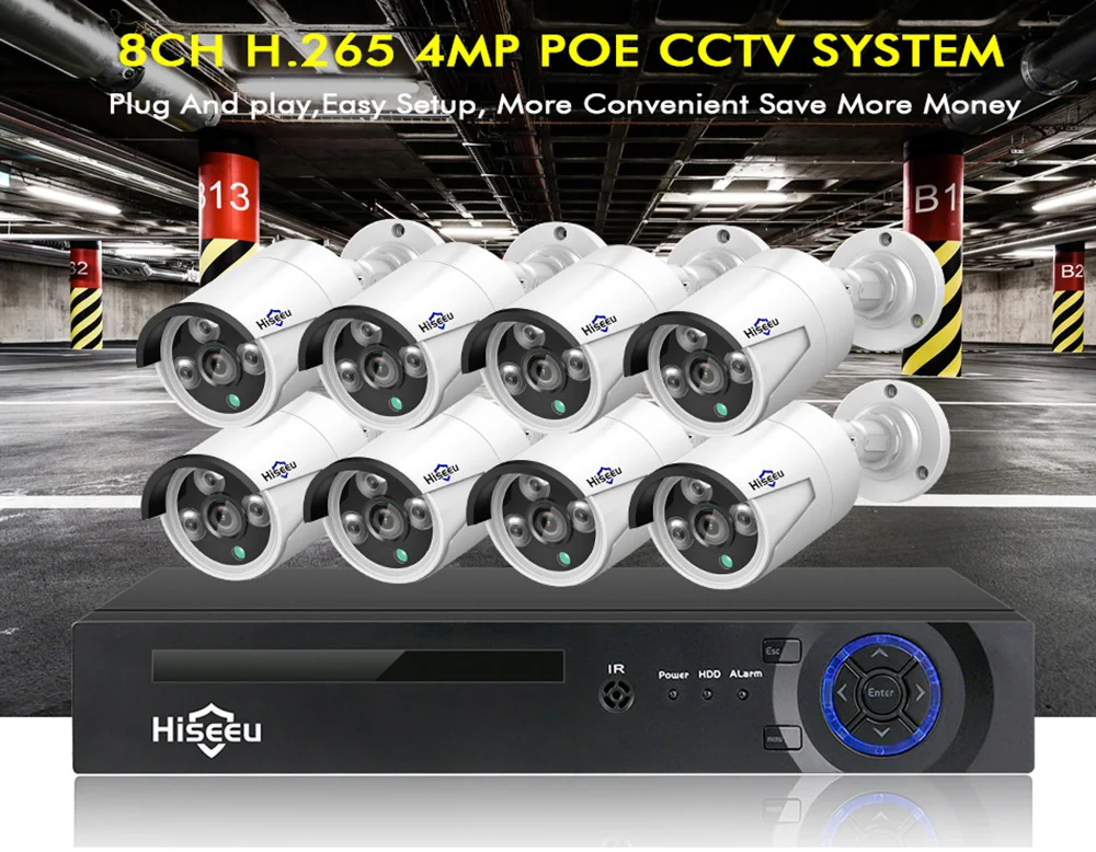 Hiseeu POEKIT-8HB624 мониторинг в реальном времени H.265 оповещение по электронной почте удаленный доступ 8CH 4MP CCTV камера видеонаблюдения сетевое