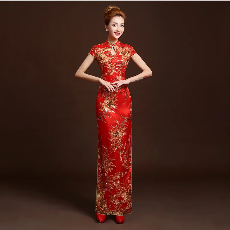 4 цвета модные красные Кружево невесты Свадебные Qipao Длинные Cheongsam китайское традиционное платье Тонкий ретро Qi Pao для женщин под старину