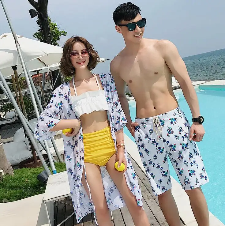 Купальники для пар, комплект бикини из 3 предметов с закрытой крышкой и мужские пляжные шорты, сексуальная черная полосатая пляжная одежда для влюбленных, купальник, новинка