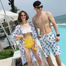 Купальники для пар, комплект бикини из 3 предметов с закрытой крышкой и мужские пляжные шорты, сексуальная черная полосатая пляжная одежда для влюбленных, купальник, новинка